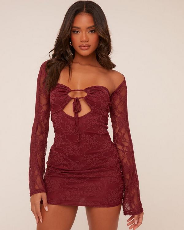 Bandeau Tie Front Cut Out Detail Mini Bodycon Dress With Bolero Sleeves In Burgundy Lace EGO