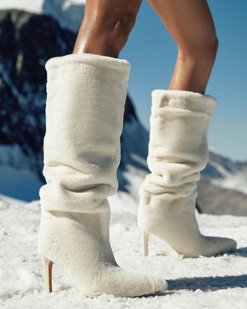 EMBRACE POINTED TOE STILETTO HEEL SLOUCHED MID CALF BOOT IN CREAM FAUX FUR