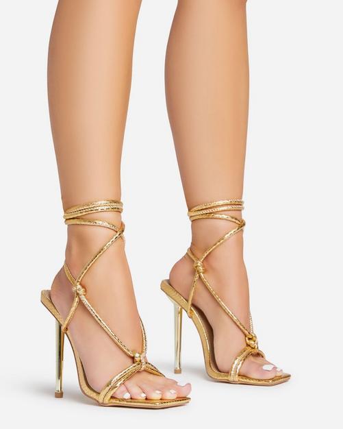 Metallic Snakeskin Heeled Strappy Sandals In 2023 Gold, 53% OFF