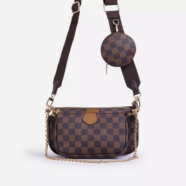 Mika Checked Chain And Purse Detail Cross Body Bag In Brown Faux