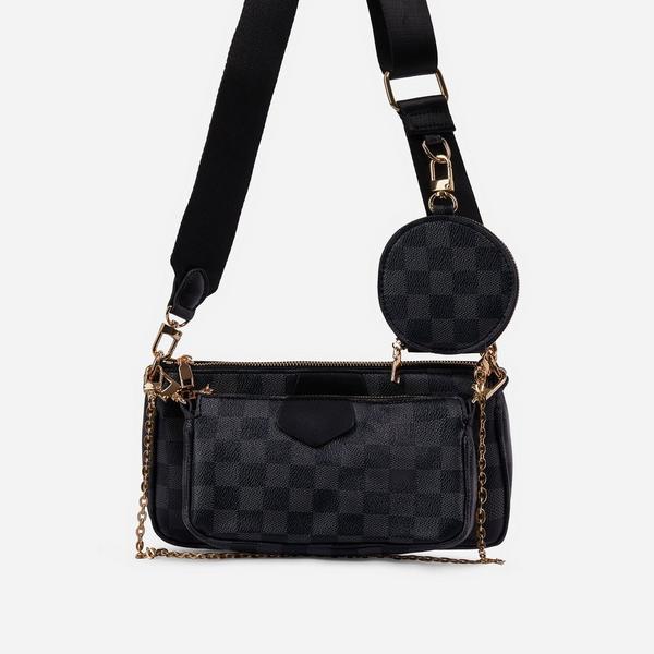 Mika Checked Chain And Purse Detail Cross Body Bag In Black Faux Leather