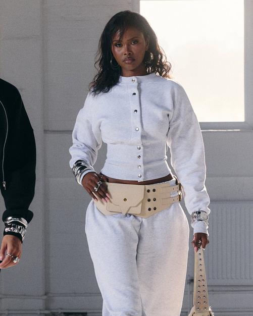 Long Sleeve High Neck Zip Front Ego Graphic Top In Grey | EGO