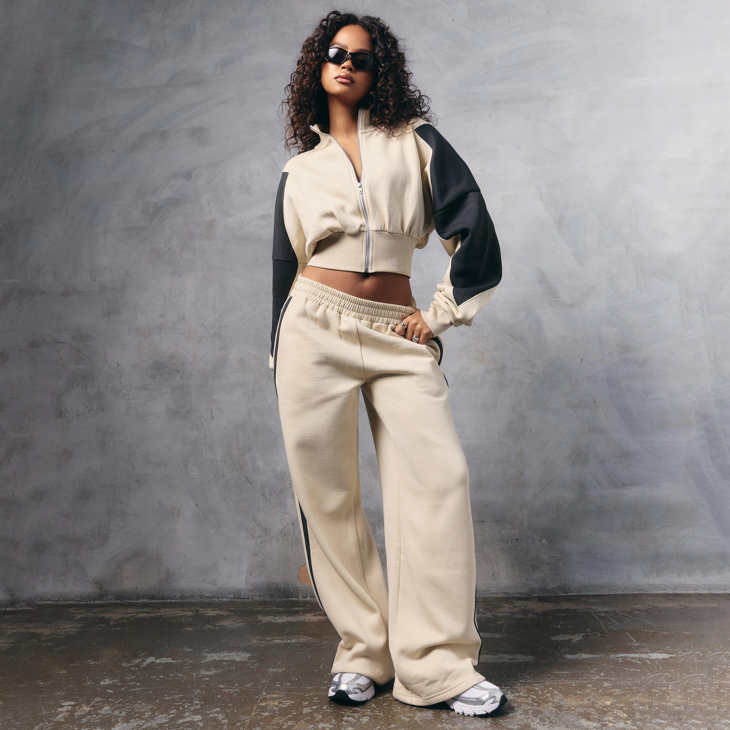 Contrast Panel Wide Leg Detail Joggers In Stone, Women’s