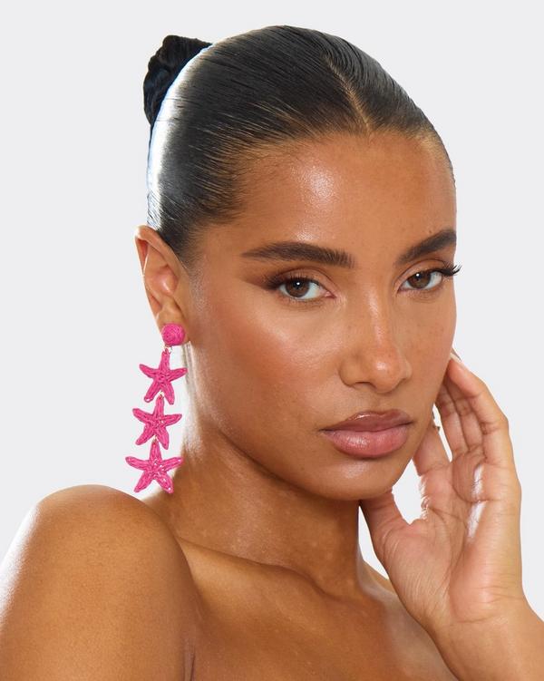 Multi Starfish Drop Stud Earring In Pink Woven