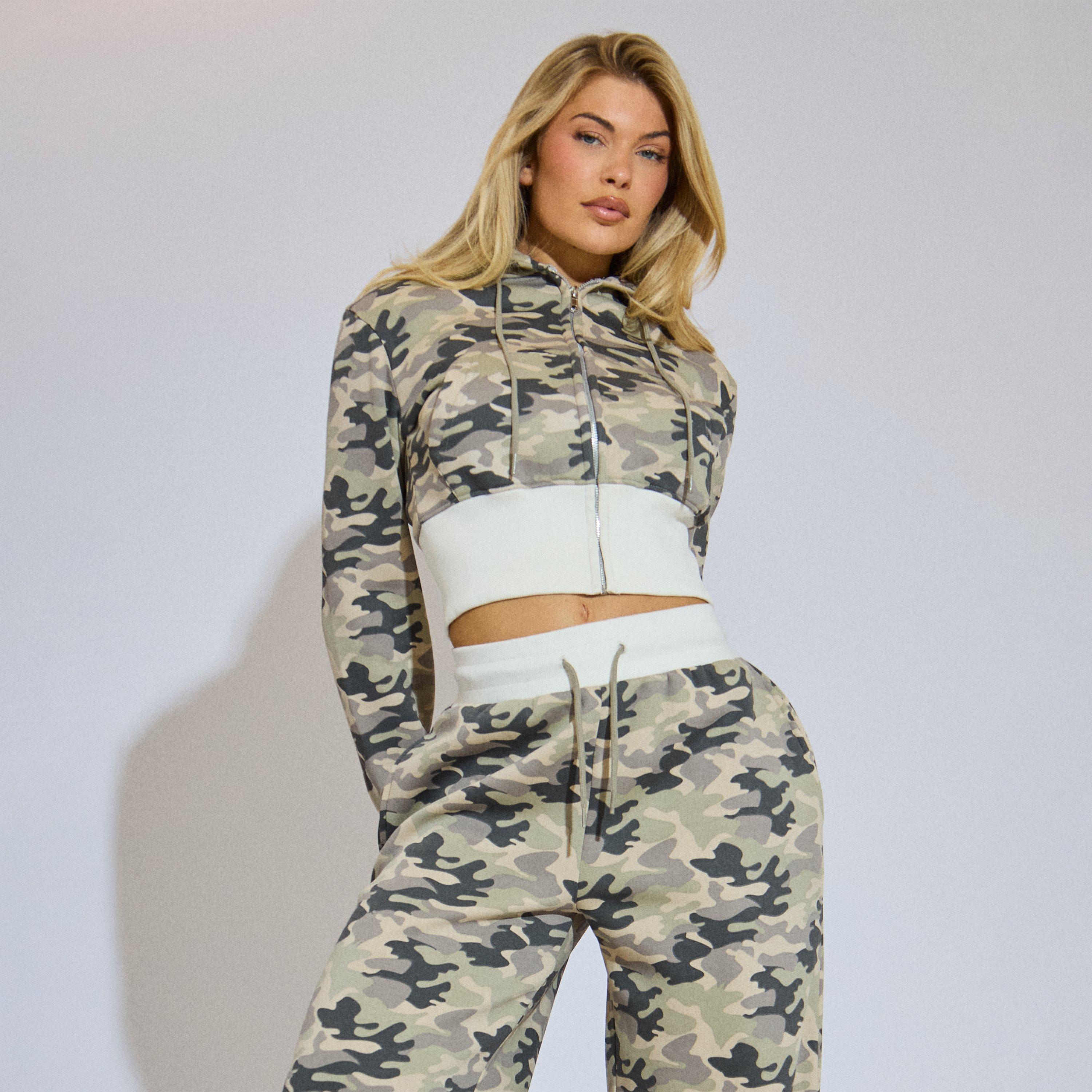 Cinched Waist Zip Up Jacket In Green Camo Print, Women’s