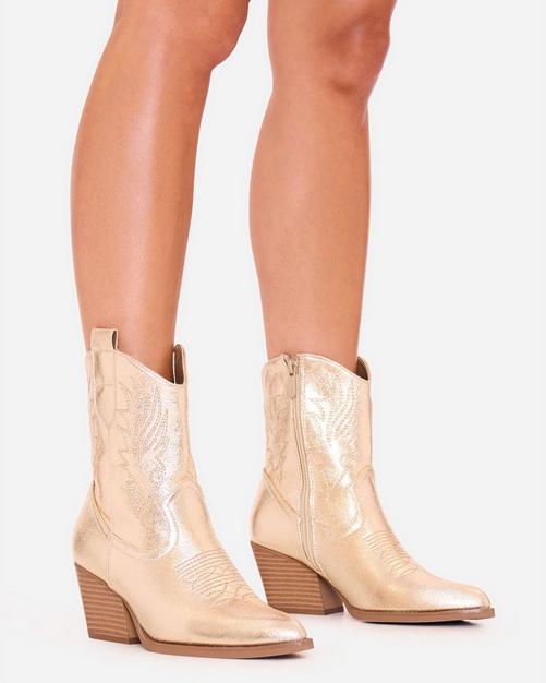 Rio Embroidered Detail Pointed Toe Western Cowboy Ankle Boot In Gold Faux Leather
