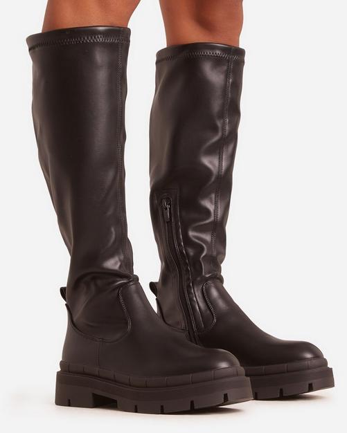 Black knee high boots without heel best sale