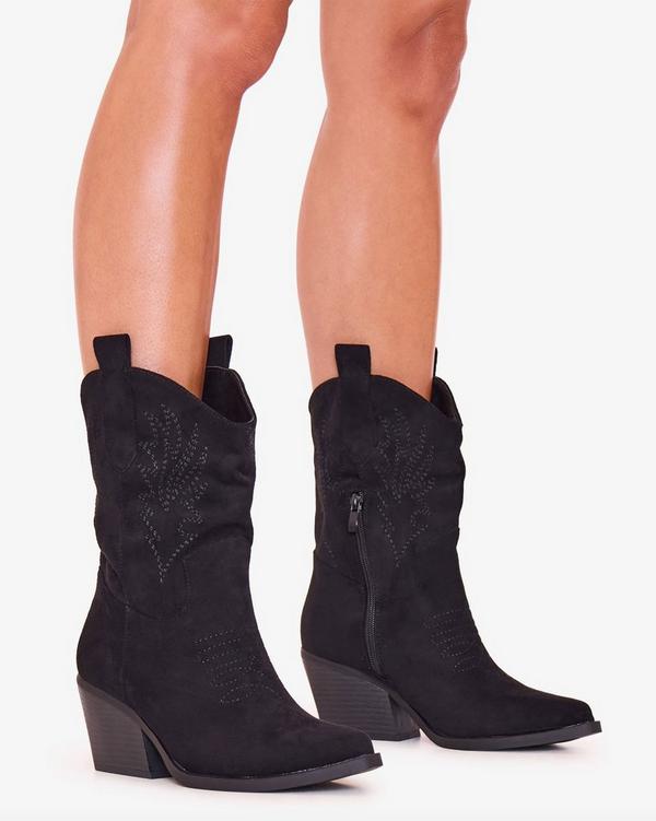 Edessa Embroidered Detail Pointed Toe Western Cowboy Ankle Boot In Black Faux Suede