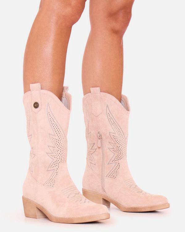 Zaria Embroidered Detail Side Stud Pointed Toe Mid Calf Western Cowboy Boot In Beige Faux Suede