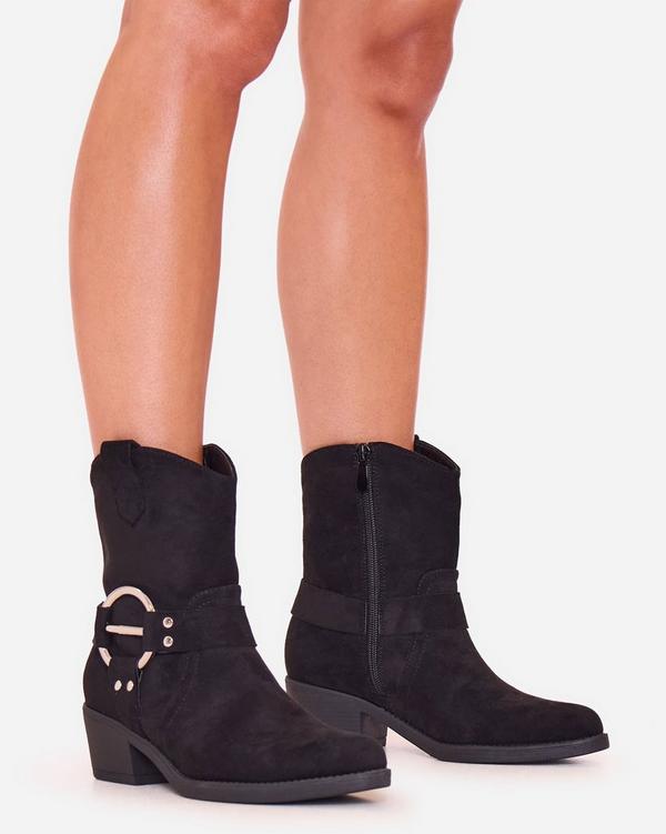 Cario Side Ring Detail Pointed Toe Ankle Western Cowboy Boot In Black Faux Suede
