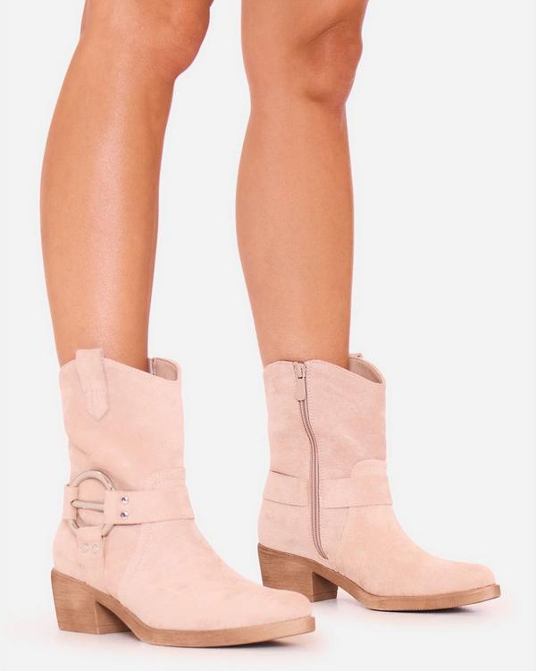 Cario Side Ring Detail Pointed Toe Ankle Western Cowboy Boot In Beige Faux Suede
