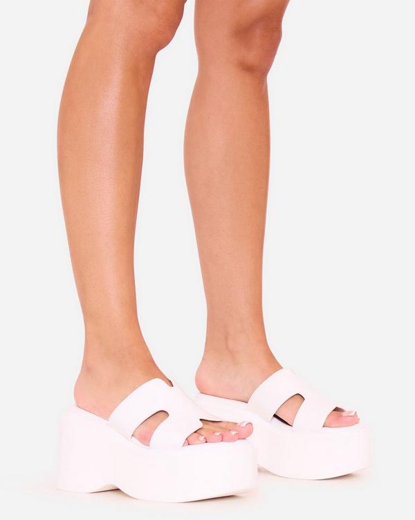 Roseau Caged Strap Platform Wedge Slider Sandal In White Faux Leather