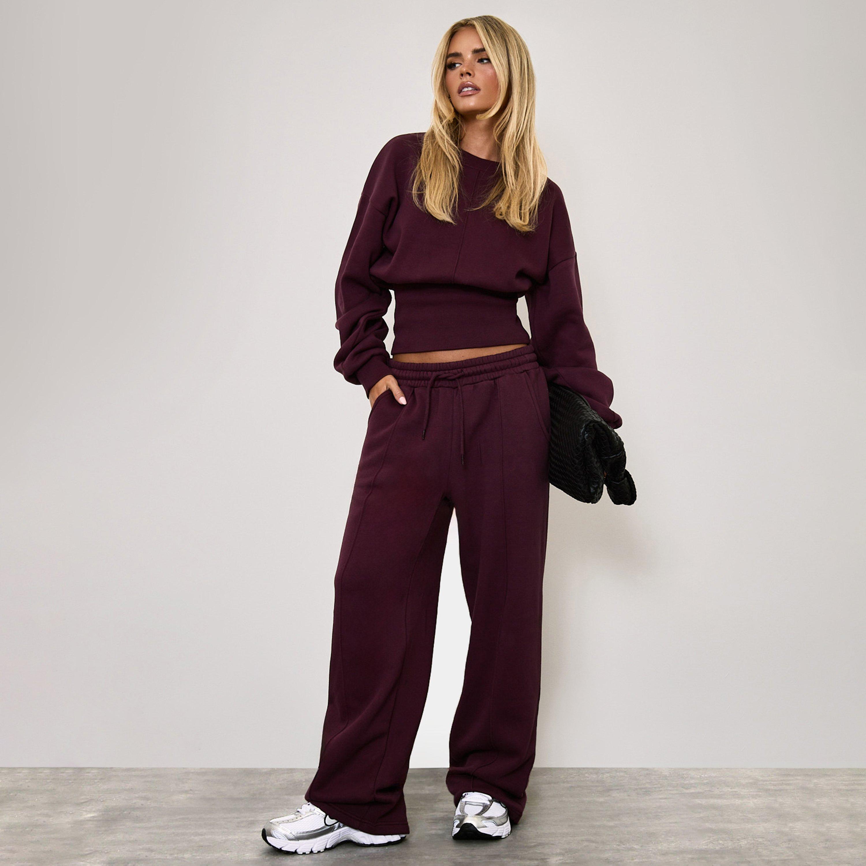 Mid Rise Seam Detail Wide Leg Joggers In Plum, Women's Size UK 8