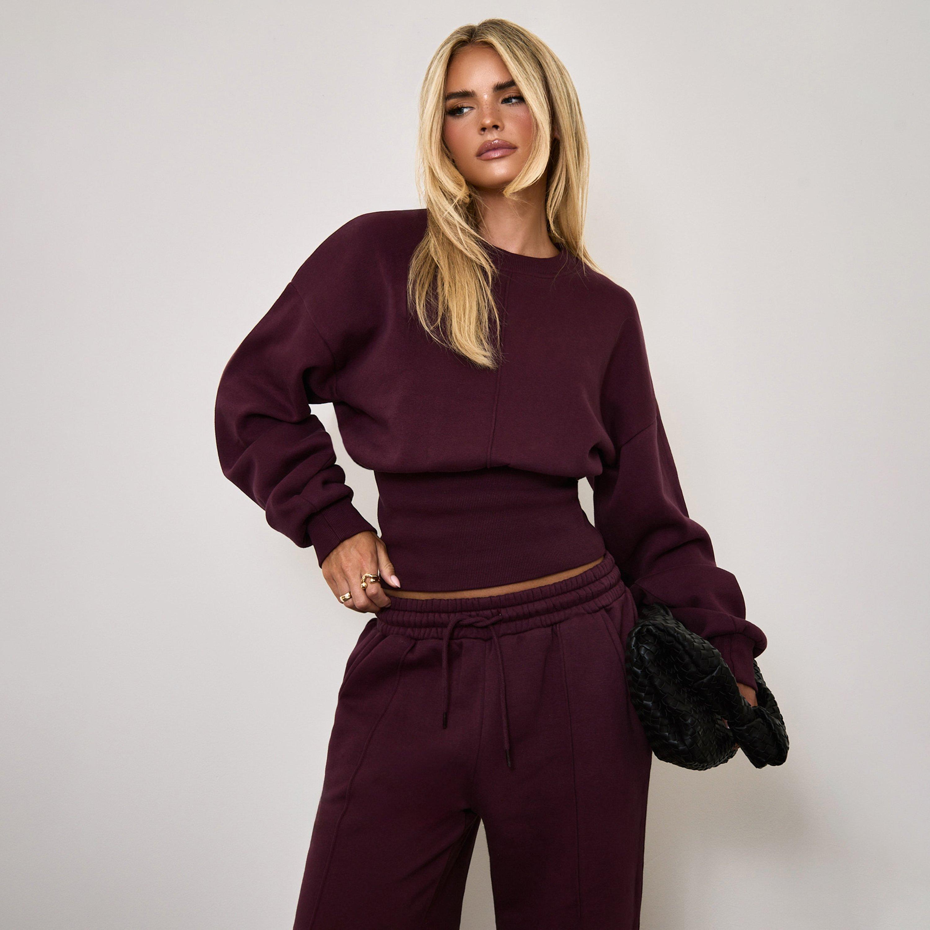 Image of Long Sleeve Seam Detail Cinched Waist Sweatshirt In Plum, Women's