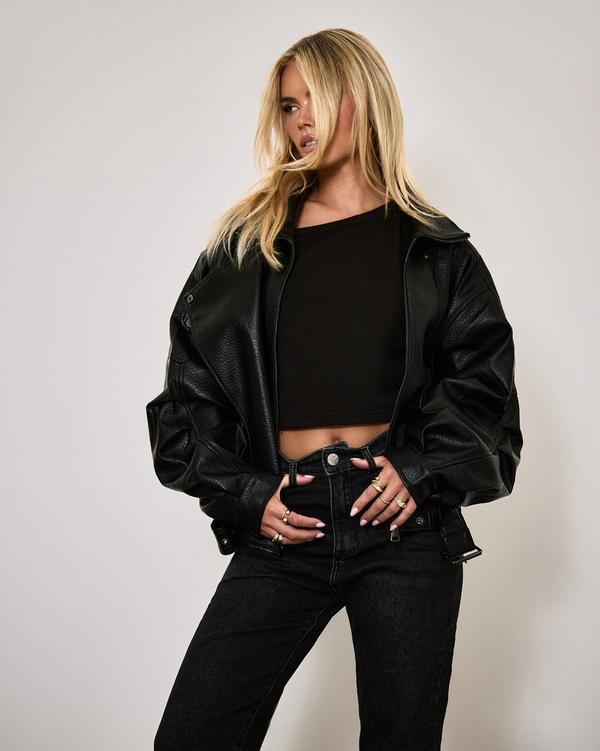 Long Sleeve Belted Biker Jacket In Black Faux Leather