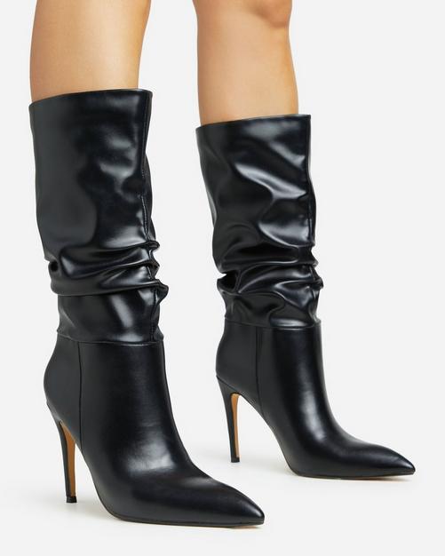 Black ankle boots with rectangular heel and square toe with gold detail