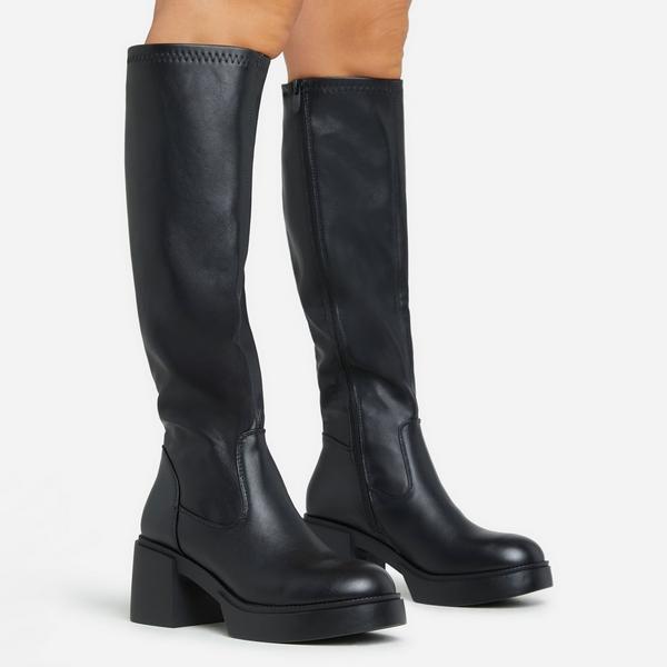 I-Am-The-One Padlock Detail Wedge Heel Knee High Long Boot In Black Faux Leather