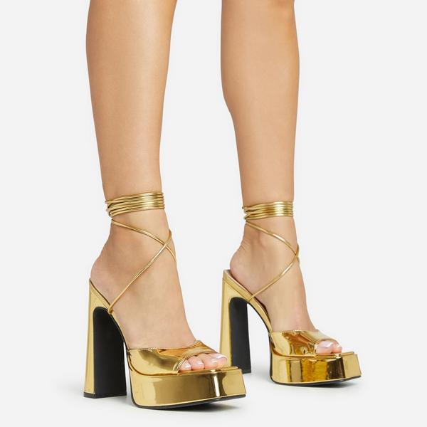 Farah Ankle Strap Square Toe Gold Chain Heel In Gold Faux Leather | EGO