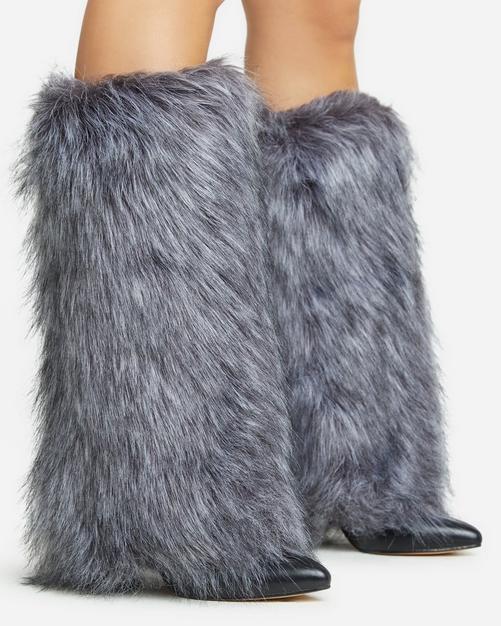 JILLIAN POINTED TOE STILETTO HEEL MID CALF BOOT IN GREY SHAGGY FAUX FUR