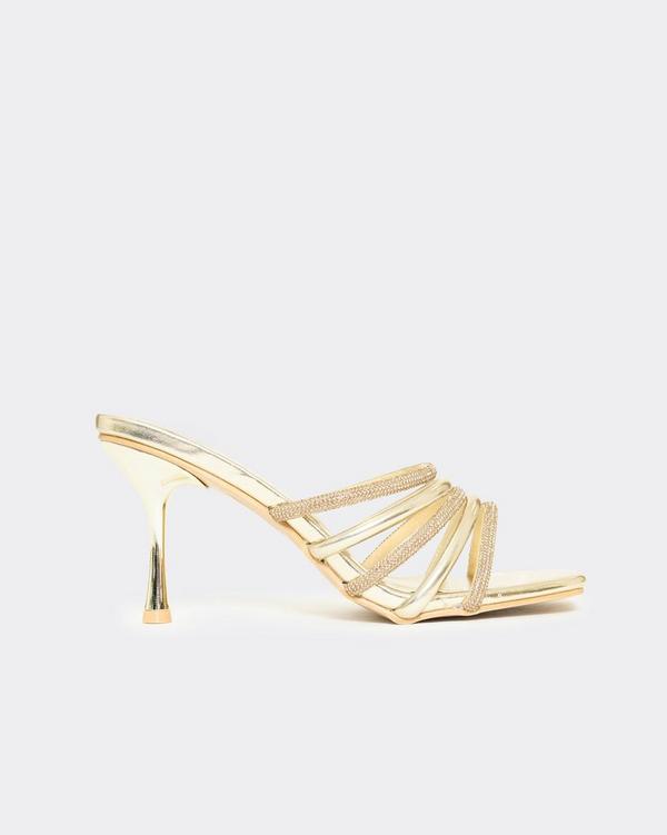 Sicke Diamante Strappy Detail Heel Mule In Gold Faux Leather EGO