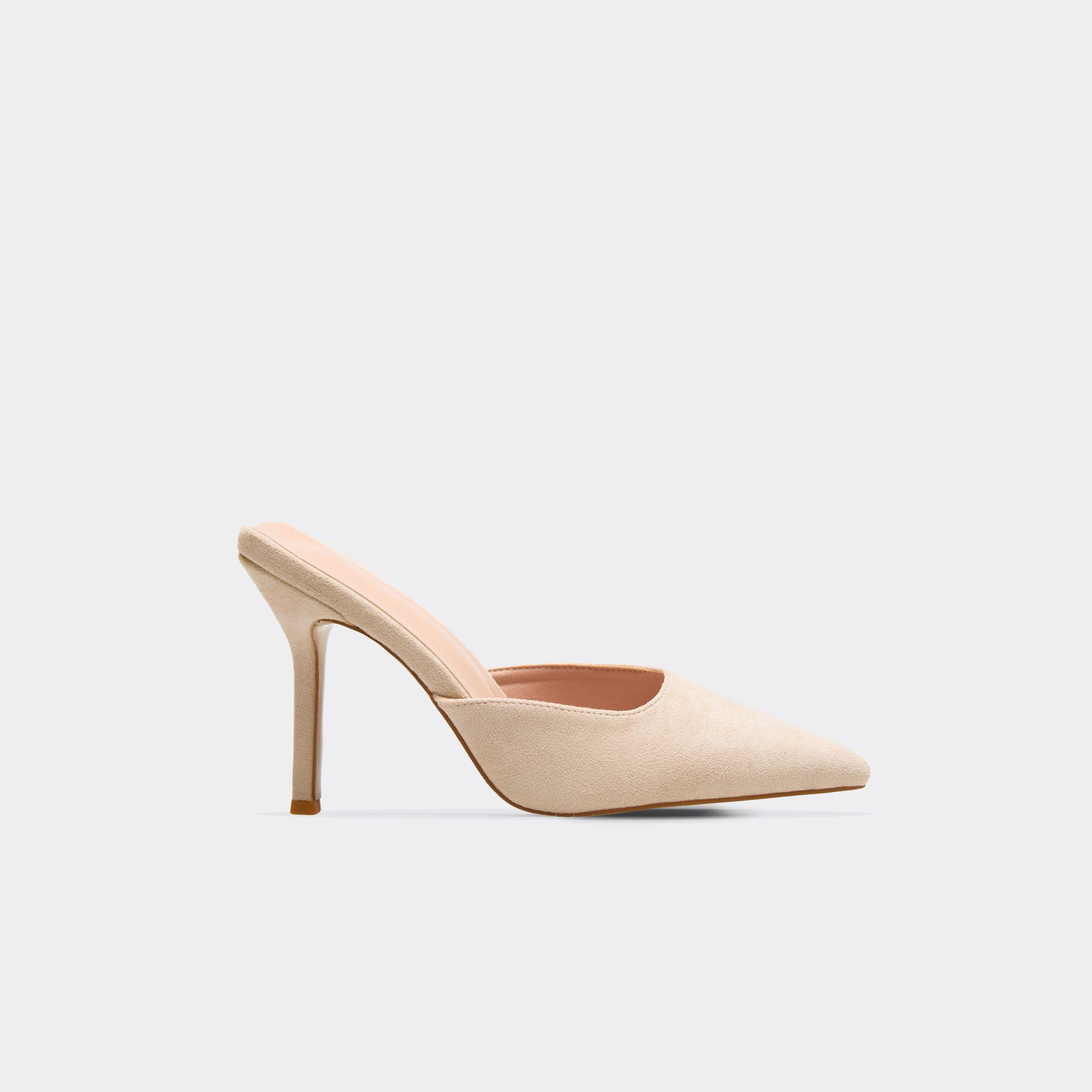 Elodie Pointed Toe Heel Mule In Beige Faux Suede, Women’s