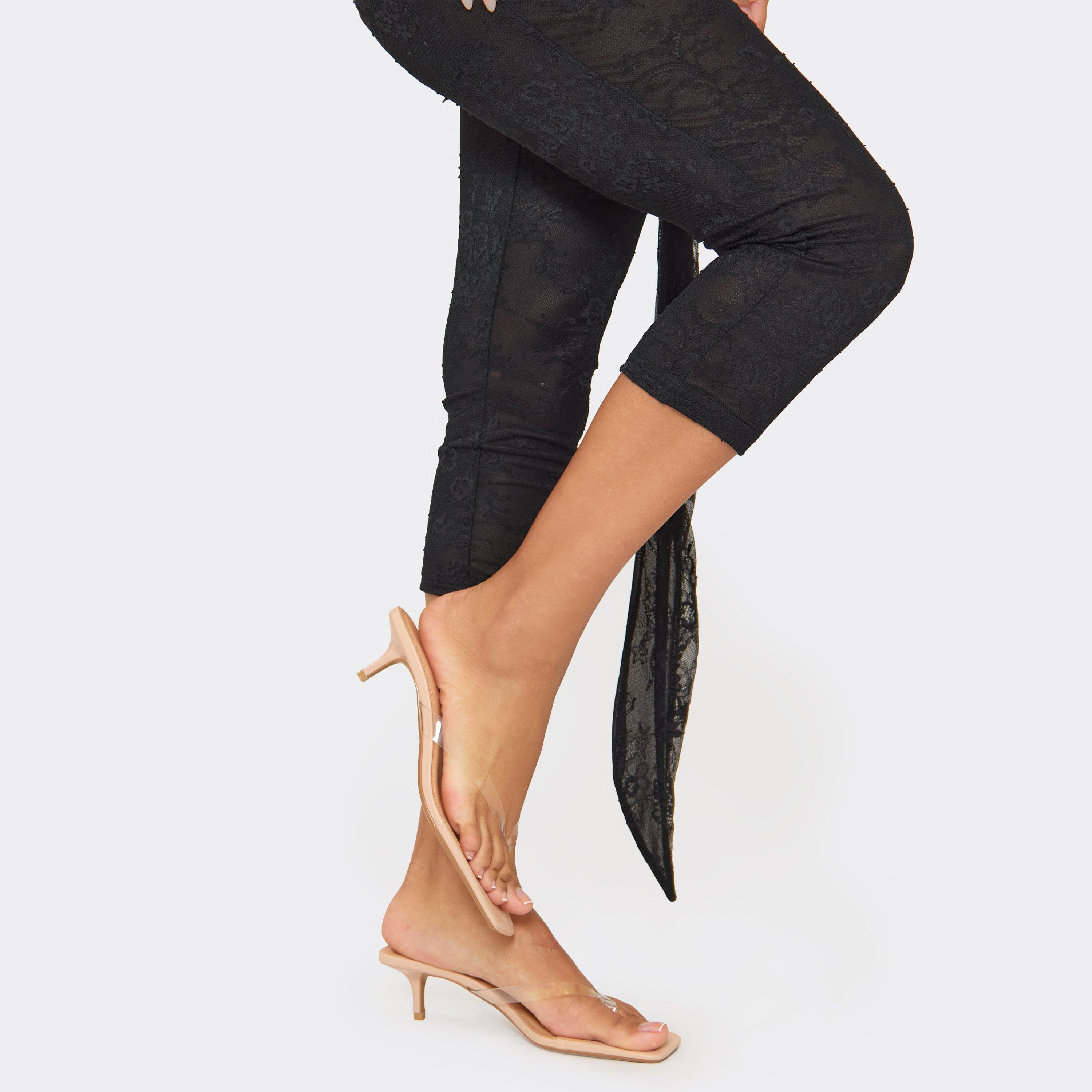 Landan Clear Thong Strap Kitten Heel Mule In Nude Faux Leather, Women's Size UK 6