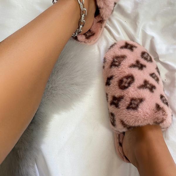 Boo Fluffy White Stripe Slipper In Pink Faux Fur