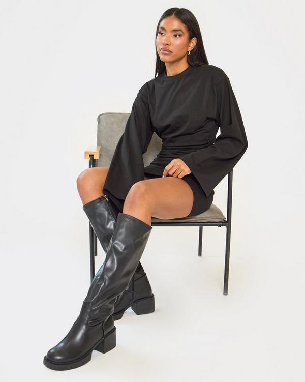 Caesar Chunky Block Heel Knee High Long Boot In Black Faux Leather