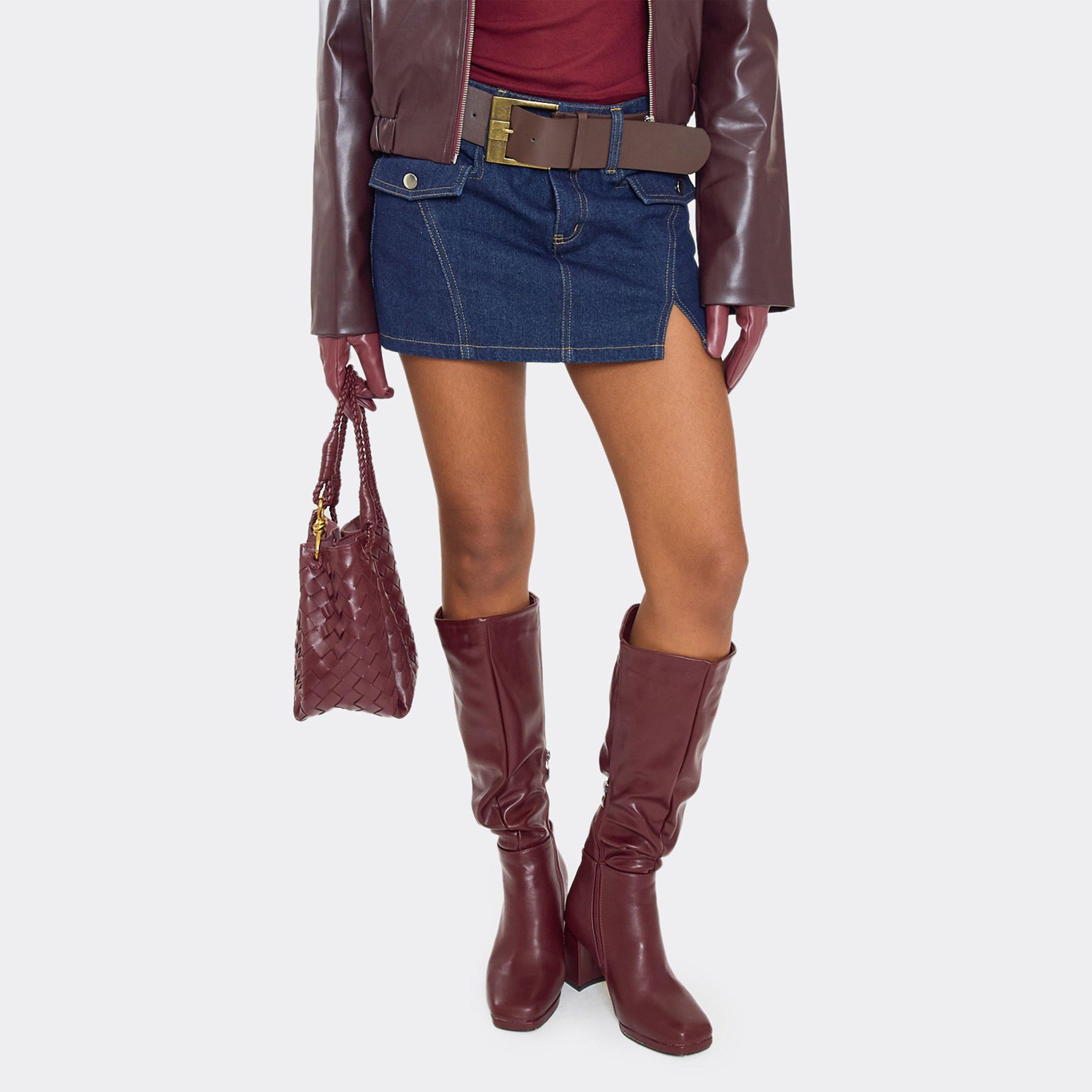 Washington Slouched Detail Block Heel Knee High Boot In Burgundy Faux Leather, Women’s