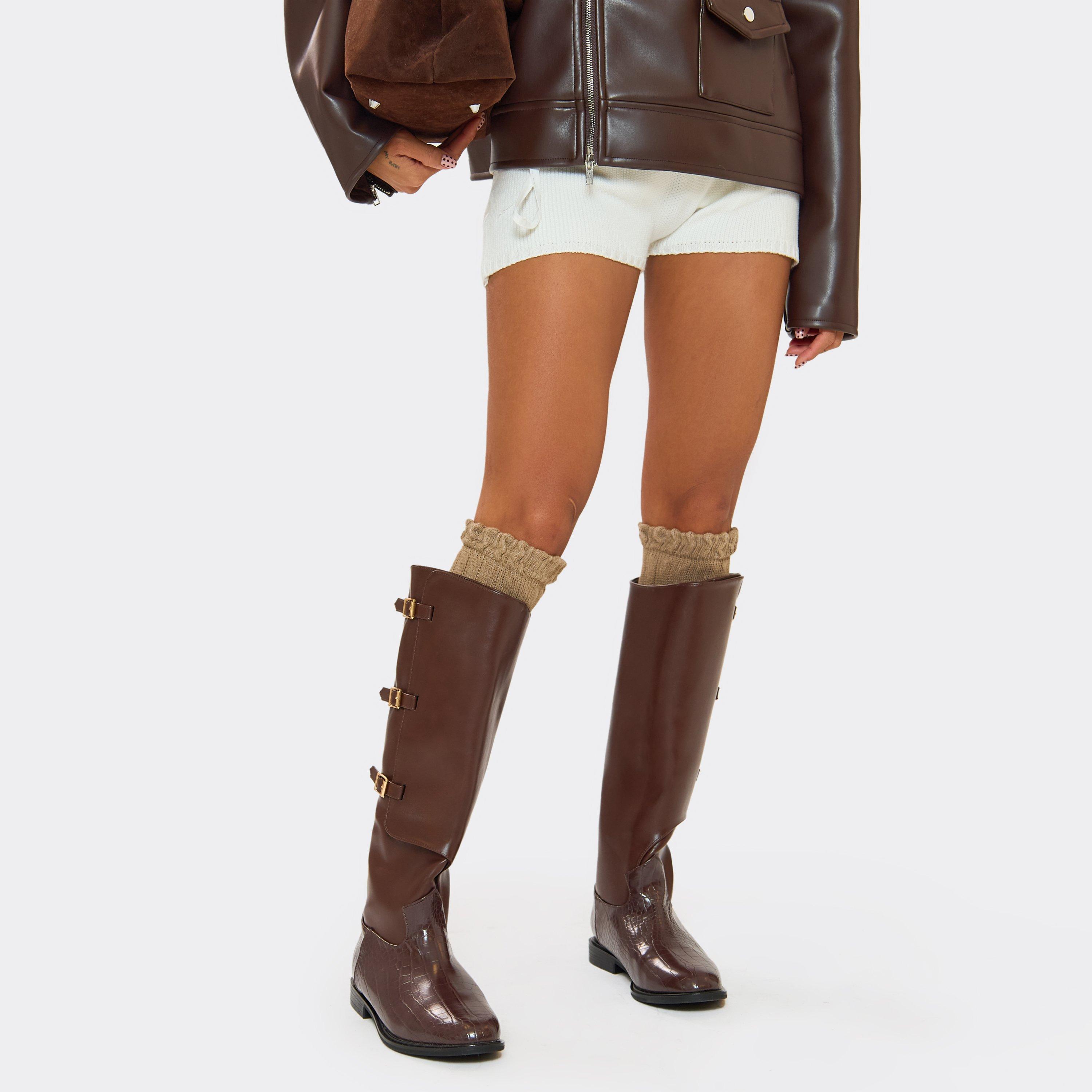 Mona Buckle Detail Knee High Boot In Brown Faux Leather, Women’s