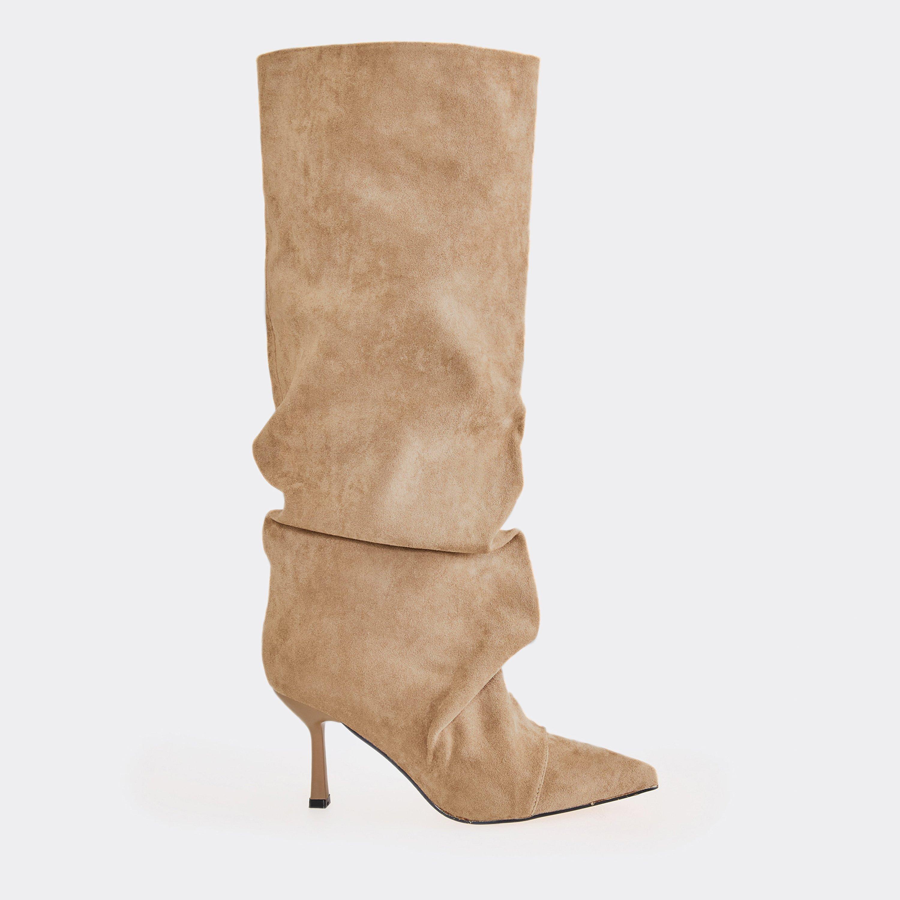 Cave Pointed Toe Slouched Detail Knee High Boot In Beige Faux Suede, Women's Size UK 3