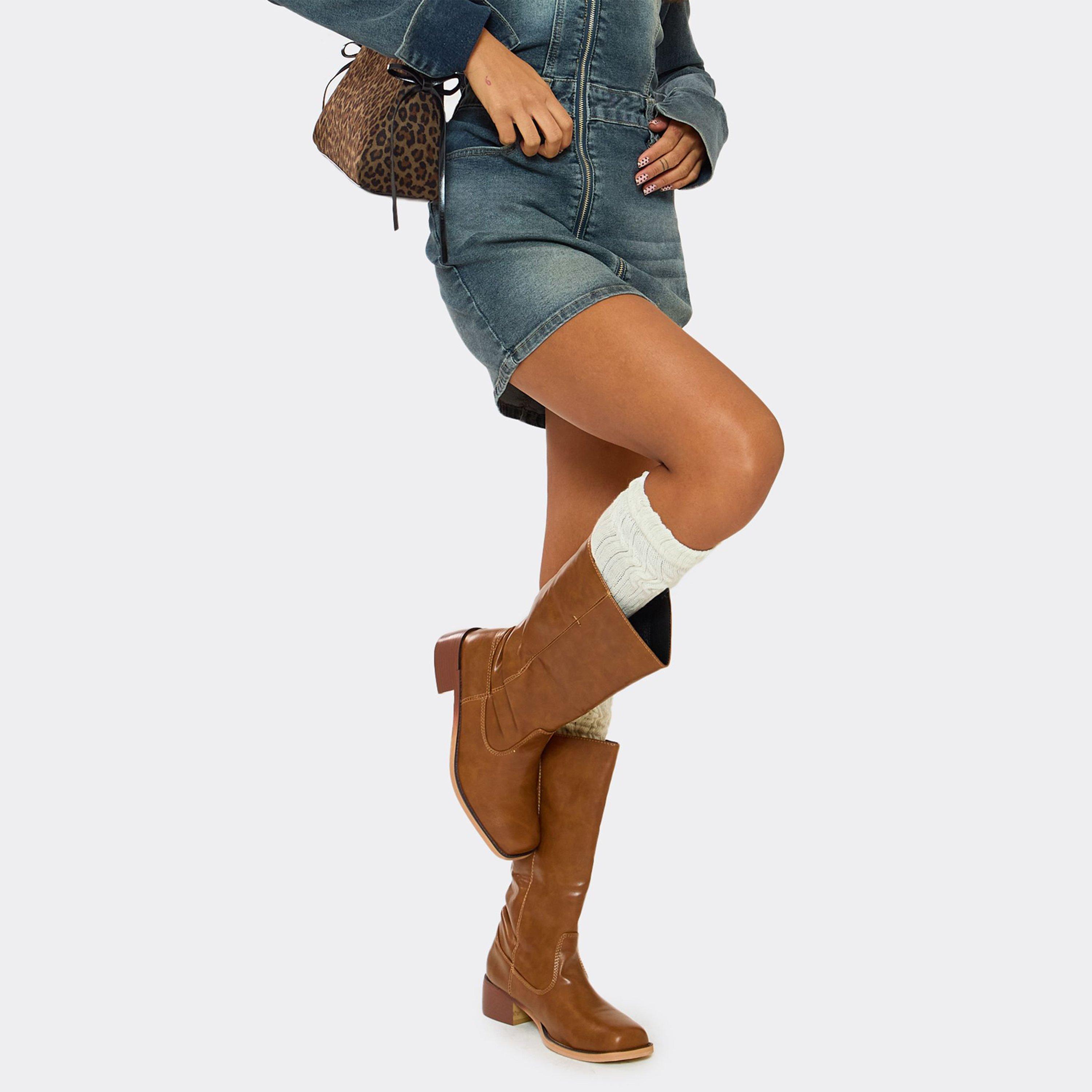 Favour Long Boot In Mustard Tan Brown Faux Leather, Women’s