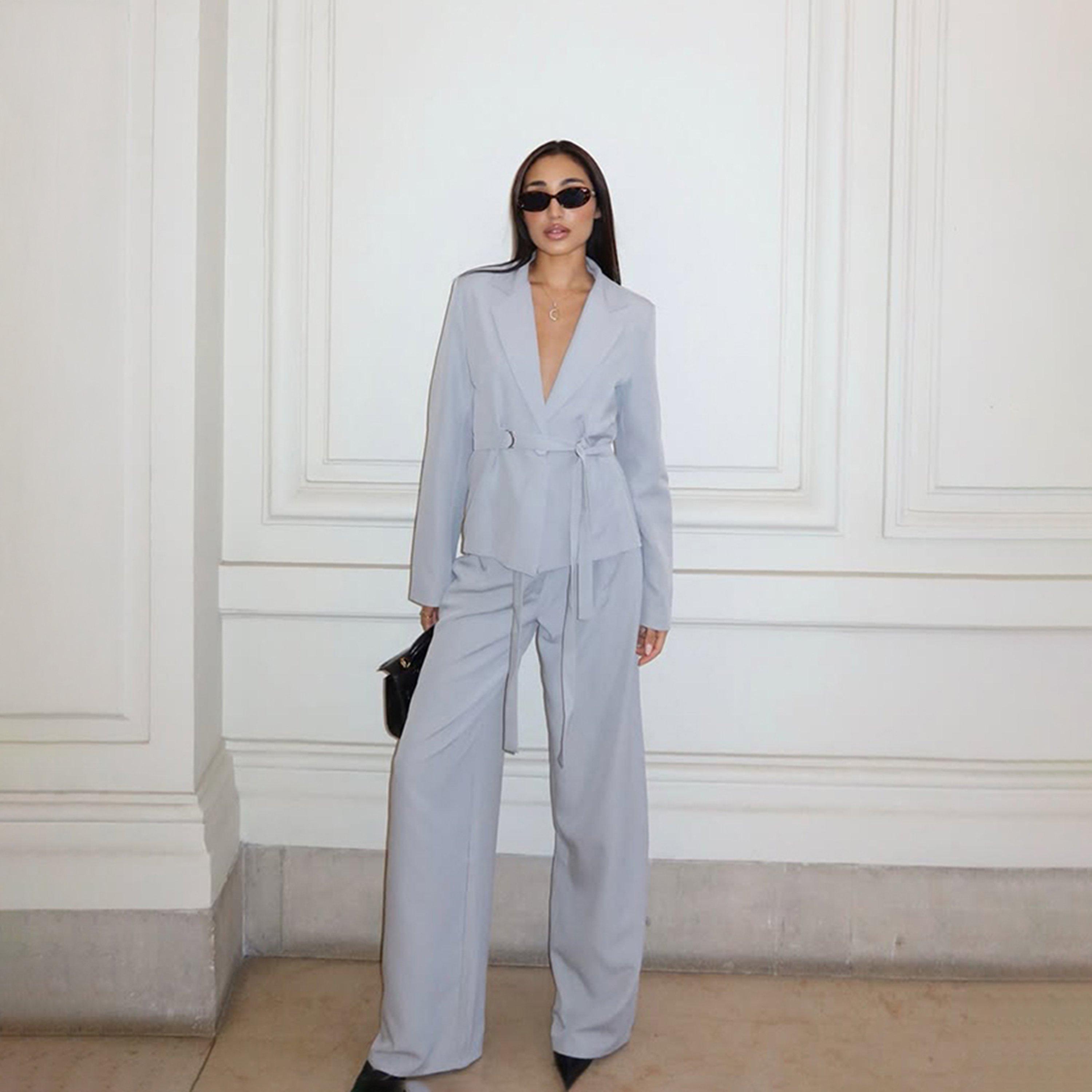 Mid Rise Wide Leg Tailored Trousers In Grey, Women's Size UK 8