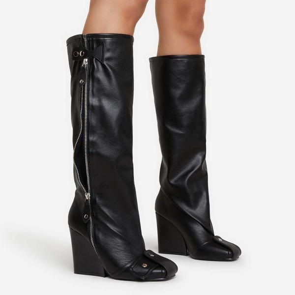 Senna Buckle Detail Square Toe Wedge Heel Knee High Long Boot In