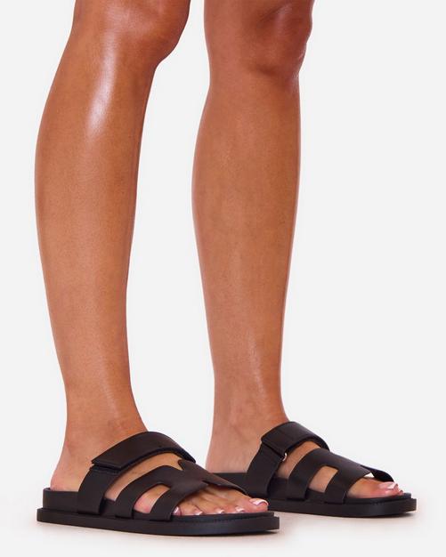 Valerie Gladiator Velcro Strap Flat Slider Sandal In Black Faux Leather