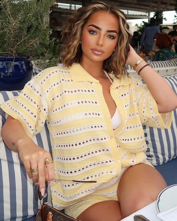 Short Sleeve Shirt In Yellow And White Stripe Crochet Knit