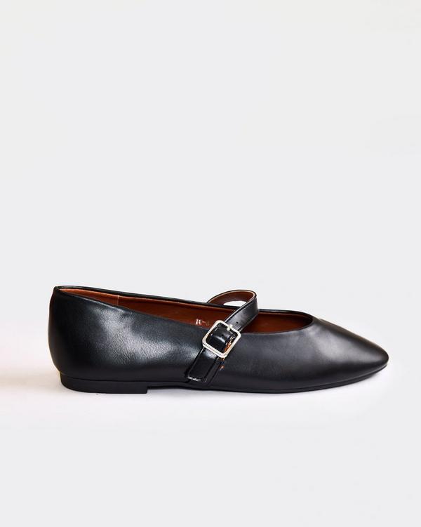 Stilla Buckle Detail Flat Ballet Pump In Black Faux Leather