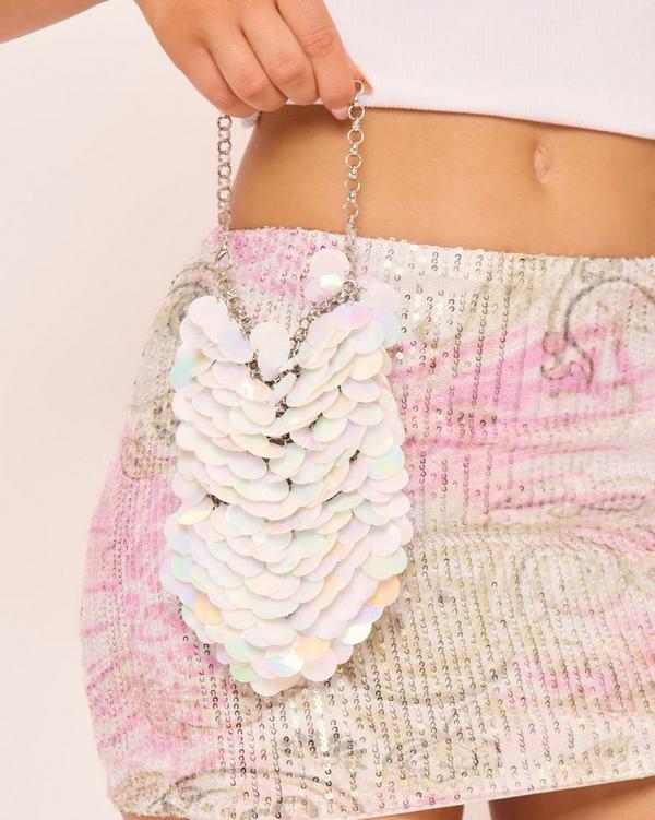 Marbz Chain Strap Grab Bag In White Sequin