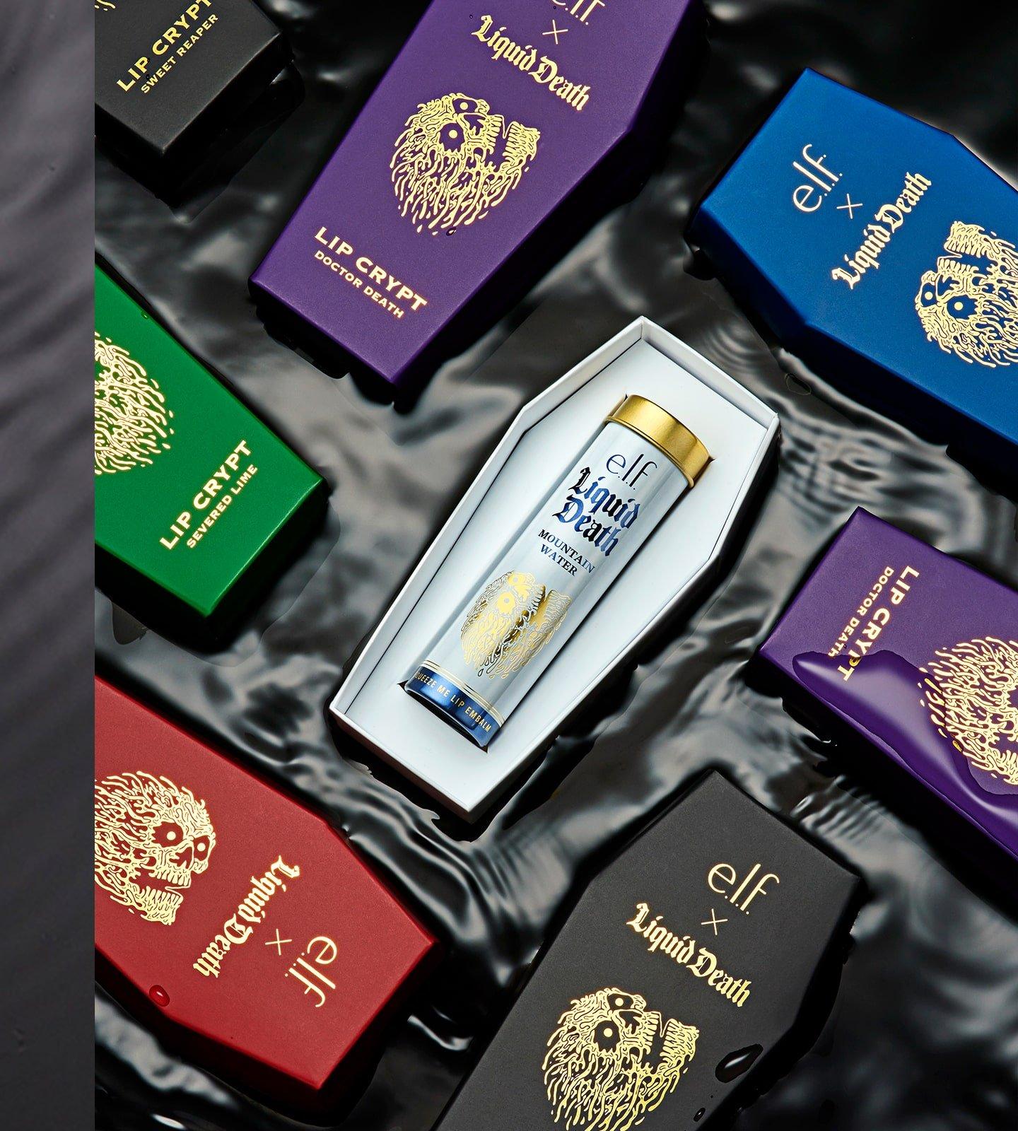 Different shades of e.l.f. x Liquid Death Lip Crypts