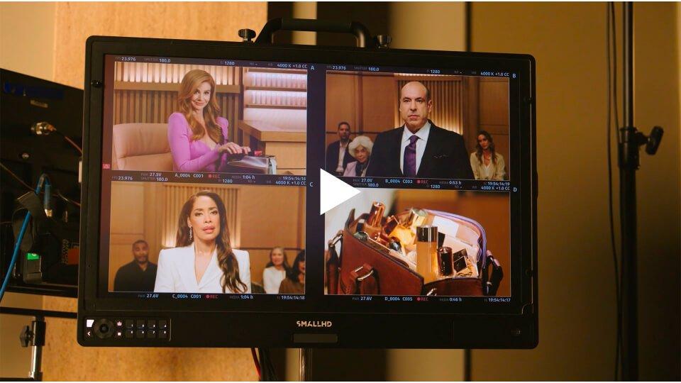 Split screen monitor showing Sarah Rafferty the Stenographer, Rick Hoffman the Plaintiff, Gina Torres the Defendant, and E.L.F. Cosmetics