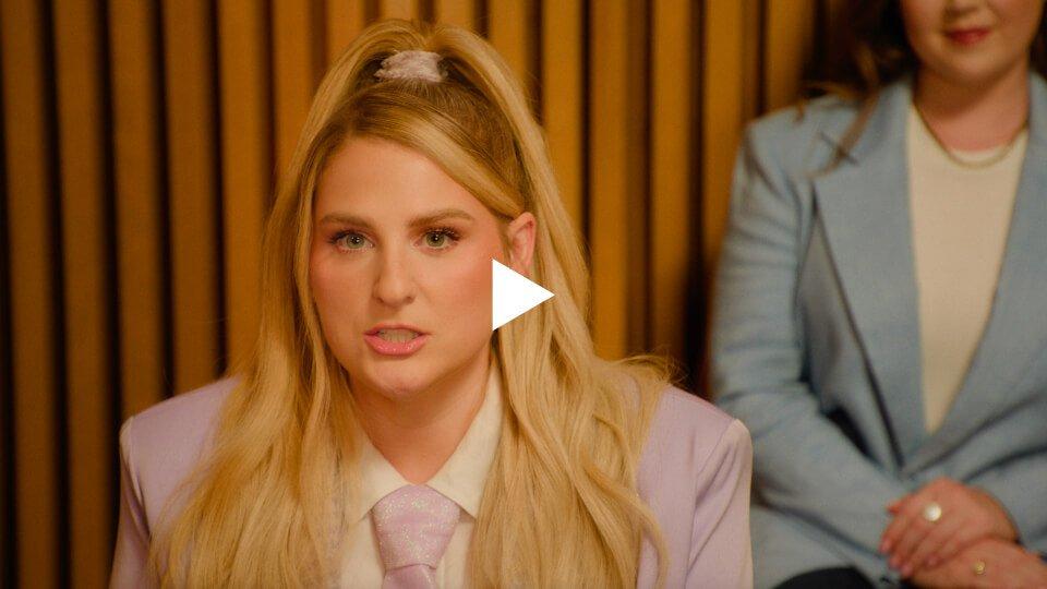 Woman in pink, Meghan Trainor, E.L.F. Courtroom Reporter in jury box