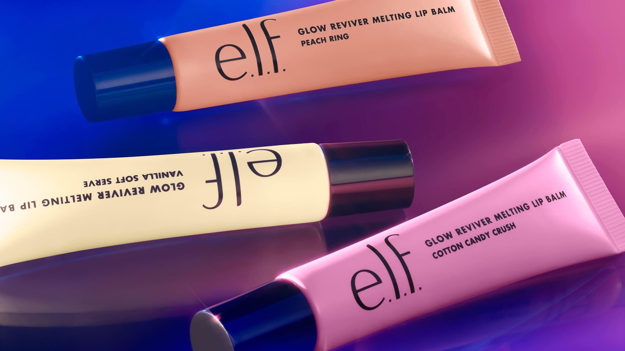 e.l.f. Glow Reviver Melting Lip Balm, shades Peach Ring, Vanilla Soft Serve, and Cotton Candy Crush