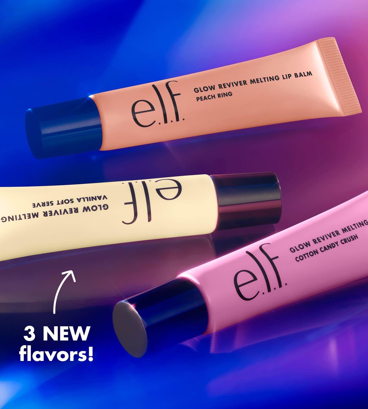 3 new e.l.f. Glow Reviver Melting Lip Balms flavors: Vanilla Soft Serve, Peach Ring, Cotton Candy Crush