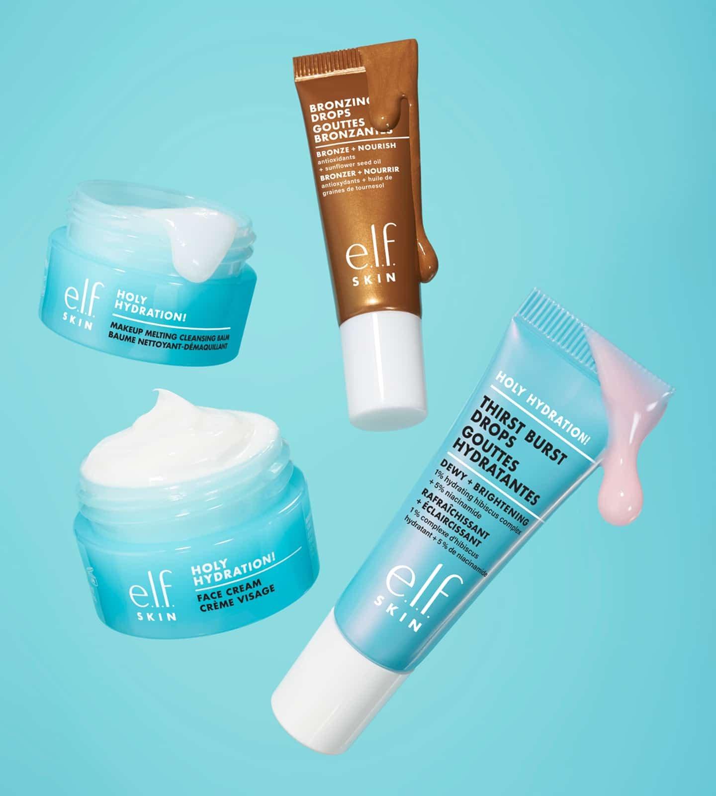 e.l.f. skin makeup melting cleansing balm, face cream, bronzing drops and thirst burst drops minis