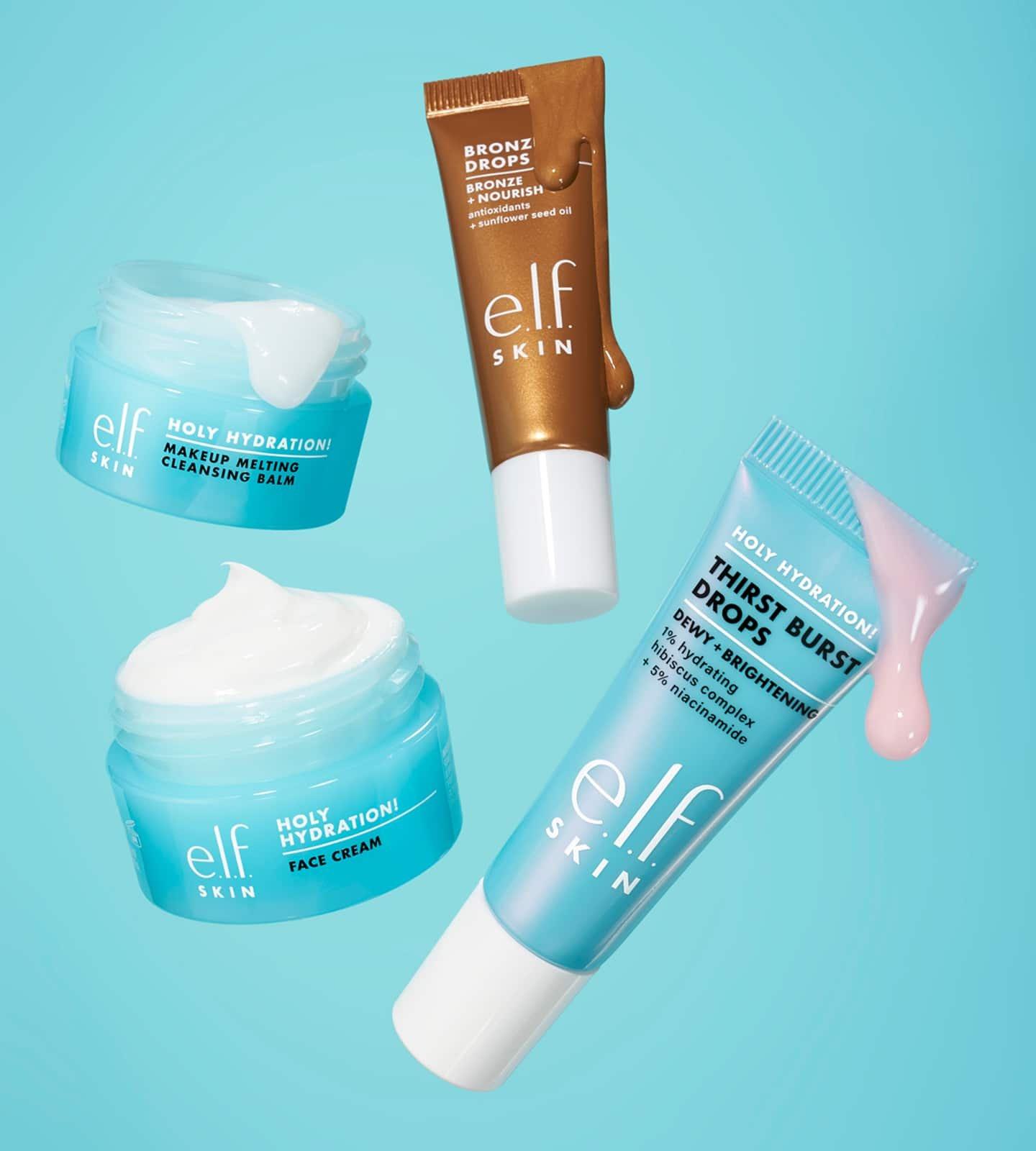 e.l.f. skin makeup melting cleansing balm, face cream, bronzing drops and thirst burst drops minis