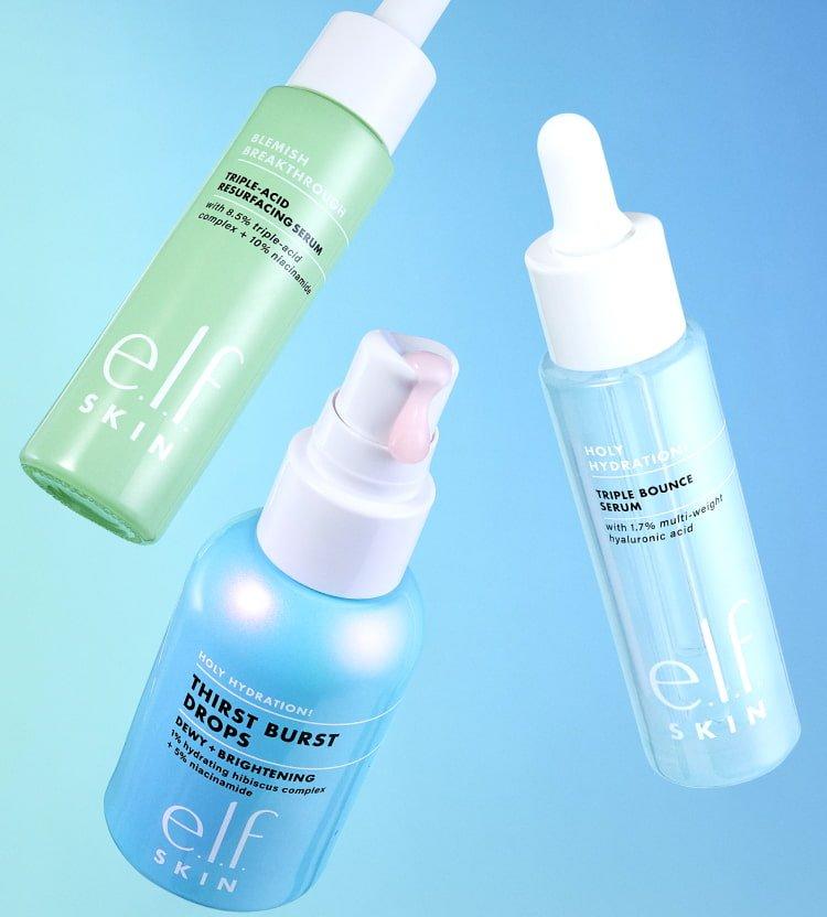 triple-acid resurfacing serum, triple bounce serum, and thirst burst drops