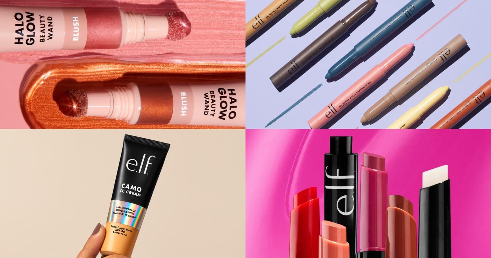 e.l.f. Halo Glow Beauty Wand blush, No Budge Matte Shadow Stick, Camo CC Cream with SPF 30, and Lip Exfoliators