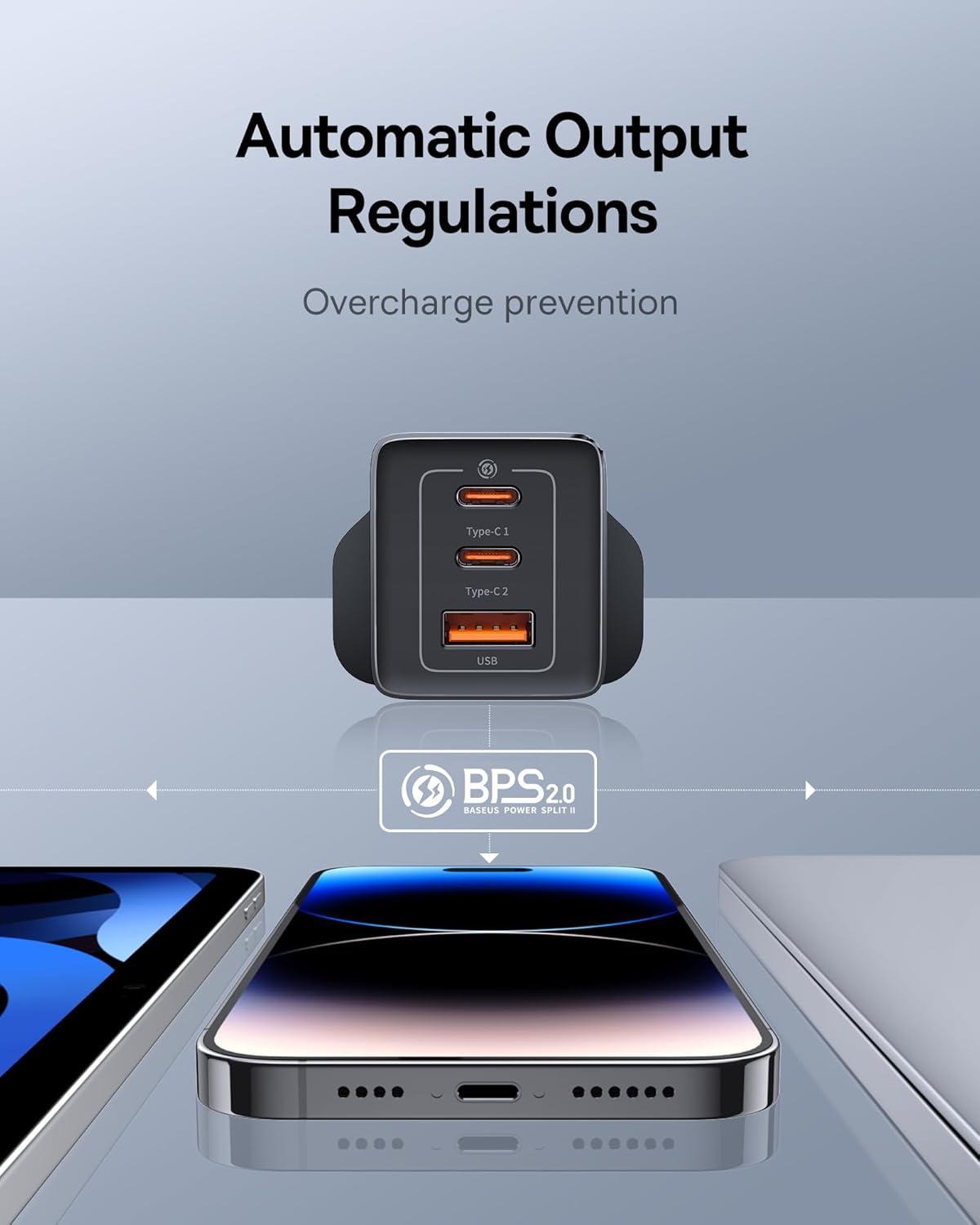 Baseus 65W GaN5 Pro Desktop Charger – 2500W Power Strip, 3AC Outlets, 2C+USB, 1.5m Cable