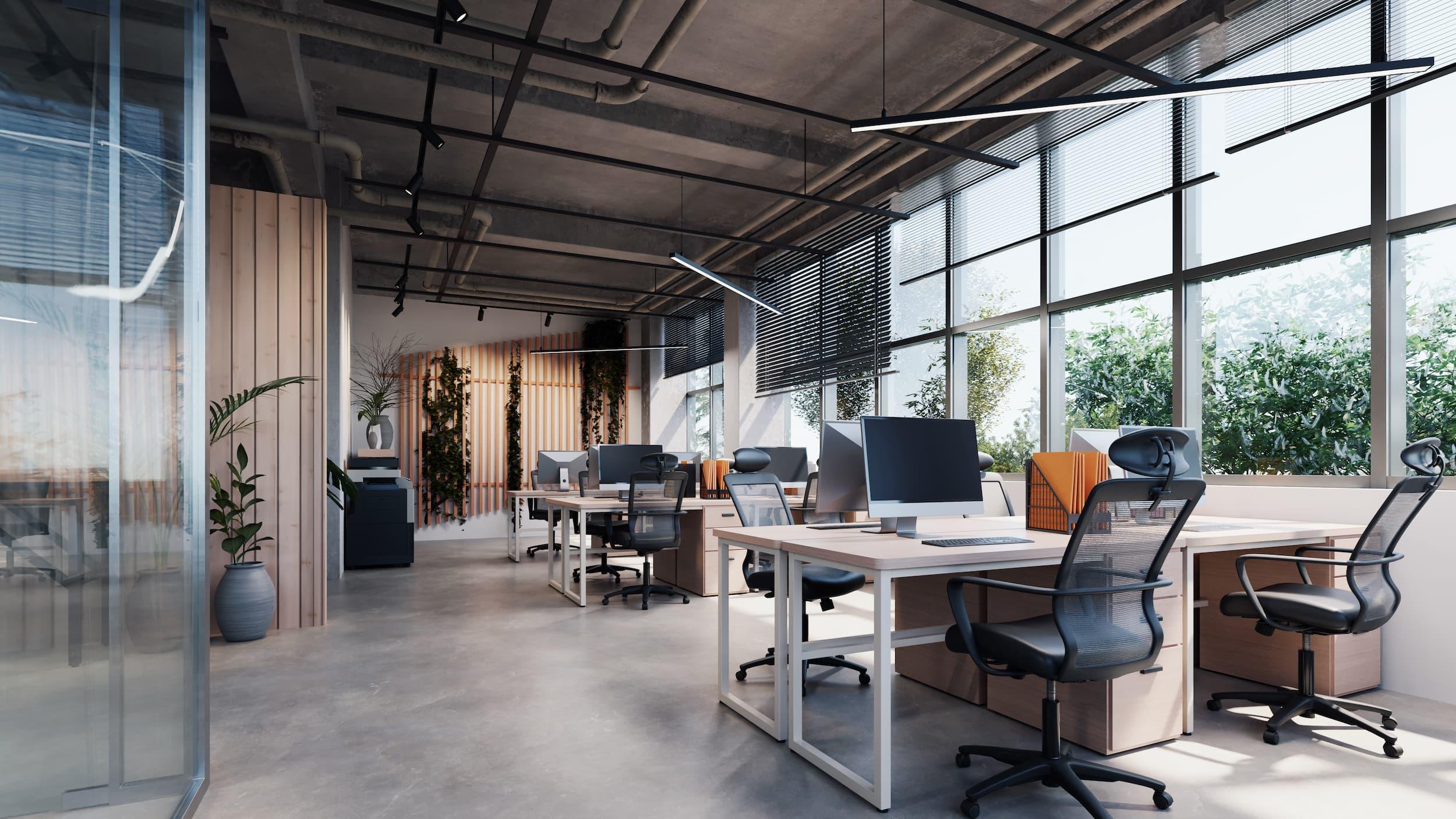 modern style office with exposed concrete floor lot plants