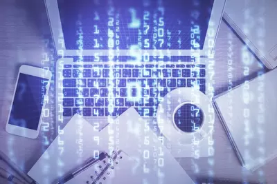 multi exposure data theme drawing hologram topview work desk background with computer concept technology